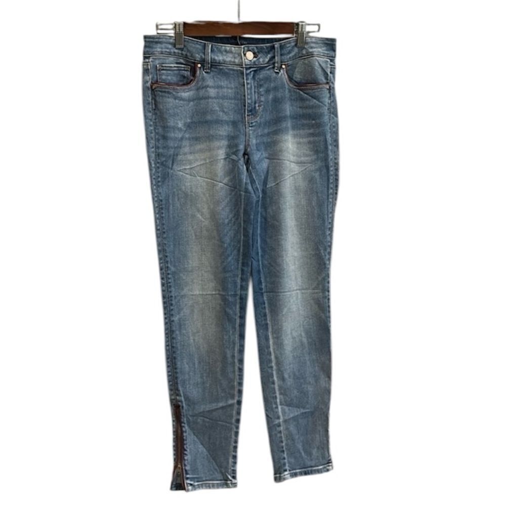 White House Black Market 6 Skimmer Burgundy Maroon Trim Denim Jeans Ankle Zip